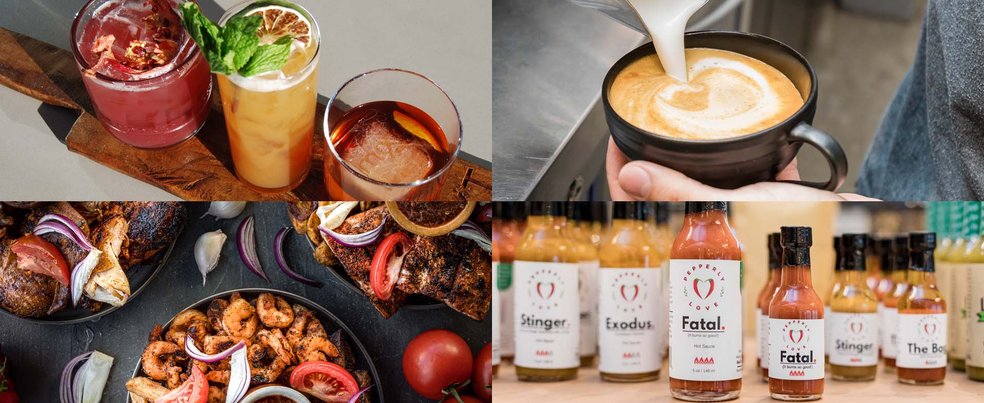 A collage of food and beverages at miXt Food Hall